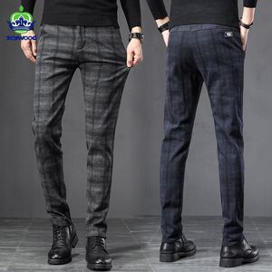 2022 primavera outono inglaterra xadrez trabalho estiramento calças homens negócios moda magro ajuste cinza azul casual calça masculina marca 38 220212