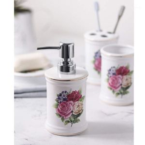 Badtillbehör Set 4st Ceramic Badrum Flower Rose Bird Flamingo Accessories Toalettborste Tandbrush Cup Soap Dish Dispenser1