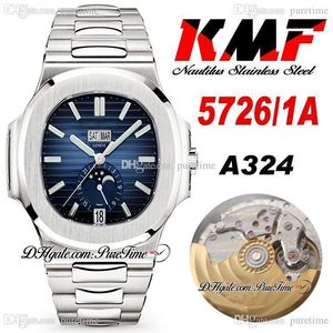 KMF 5726 / 1A-014 Kalendarz roczny CAL.324SC A324 Automatyczne męskie zegarek Księżyc Faza D-Blue Textured Dial Stainless Steel Bransoletka Super Edition Puretime 04