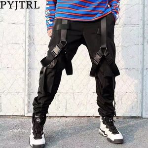 Pyjtrl homens multi fivela faixas fitas bolsos corredores cargas harem calças streetwear outono hip hop calças casuais pantalon homme calças 201106