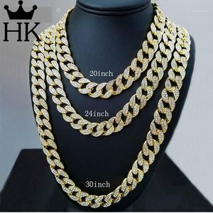 Iced Out Bling Rhinestone Crystal Goldgen Finish Miami Cuban Link Chain Men's Hip hop Necklace Jewelry 18, 20, 24, 30 Inch N0111