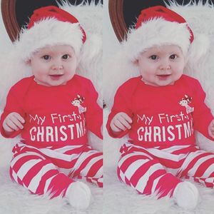 Minha primeira roupa recém-nascida de natal teria Merry X'mas Vermelho Bebê Bebê Bodysuits Stripe Cant Cere Costume Rena Infantil Roupas 210413