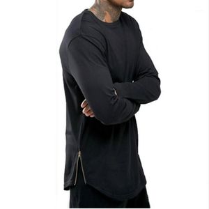 メンズTシャツトレンド男性Tシャツスーパーロングライン長袖TシャツヒップホップアークヘムカーブサイドジップトップスTEE1