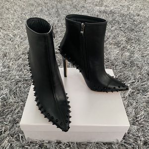 sexy lady Casual Designer fashion women boots Black leather spikes high heels stiletto point toe short martin booties