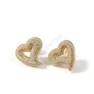 Hip Hop Claw Set CZ Stone Bling Ice Out 3 Layers Heart Stud Earrings for Men Women Unisex Lovers Jewelry