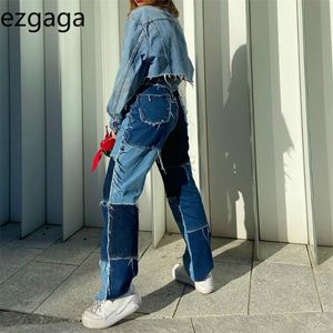 Ezgaga Patchwork Jeans Kobiety Kolor Blok High Waist Tassel Kontrast Spodnie Casual Streetwear Dżinsowe Spodnie Panie Kieszenie Moda LJ201029