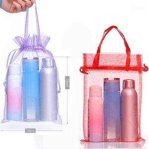 100pcs jewelry cosmetic display bag wedding gift gauze organza bag with handle storage yarn Christmas tote package pouches 18*281