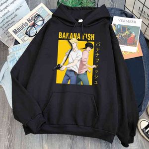 Anime Muz Balık Baskı Hoodies Adam Gevşek Harajuku Cep Hoody Streetwear Moda Rahat Hoody Üst Hip Hop Anime Hoodies H1227