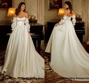 Vestidos de Nooiva Satin Свадебные платья 2021 С удалением Длинные пухлые рукава свадебные платья Простая принцесса вечеринка длинный поезд плюс размер