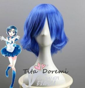 Halloween Wig traje Beluto Mercury Blue Curly Cosplay calor resistente ao calor