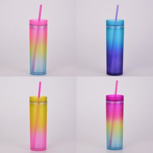 16 Oz Gradient Color Tumblers with Lids and Straws Reusable Rainbow Skinny Tumblers for Summer Party Juice Drinks