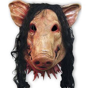 Máscaras de festa atacado-assustadora máscara de porco roanoke adultos rosto cheio animal látex máscara de terror halloween com cabelo preto H-0061