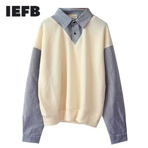 IEFB / 남성용 착용 거짓 두 조각 스웨터 남성 가을 새로운 컬러 블록 한국 패션 셔츠 느슨한 성격 조수 201026
