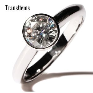 Transgems Bezel Setting Engagement Ring Center 1ct 6.5mm F color 14K White Gold Engagement Ring for Women Jewelry Y200620