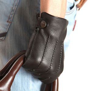 Luxury-Fashion 2023 Luxury Men Deerskin Gloves Button Wrist Solid Genuine Leather Male Winter Driving Glove