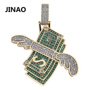 Jinao Ny pengar Cubic Zircon Iced Out Chain Flying Cash Hip Hop Smycken Hängsmycke Halsband Halsband för Man Kvinnor Gåvor 201013