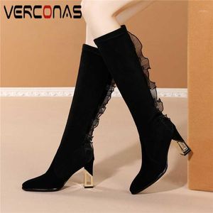 الأحذية فيركوناس كيد الجلد المدبوغ الركبة عالية للنساء الخريف الشتاء أحذية طويلة امرأة الأزياء موجزة الرباط الكشكشة الكعوب سميكة الأحذية 1