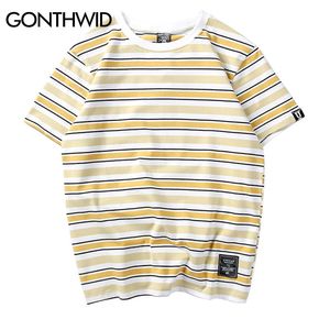 GONTHWID Harajuku Stripe T-shirt Uomo / Donna Hip Hop Casual Cotone Manica corta Tops Tees Moda estiva Magliette Nero Rosso Rosa LJ200827