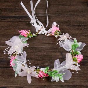 Romantic Wedding Hair Accessories Simulated Pearl Yarn Floral Crown Adjustable Flower Wreath Headband Halo Garland Headpiece BH J0121