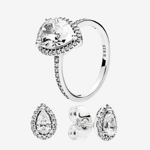 Designer-Schmuck 925 Silber Ehering Bead fit Pandora Tropfen RING und OHRRING-Sets Original Zirkonia Diamanten Ringe im europäischen Stil Geburtstagsgeschenk für Damen