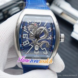 Ny V45 Datum 44mm Stålfodral Blå Ring 3d Silver Dragon King Automatic Mens Watch Läder Gummi Klockor TimeZoneWatch TWFM E200C2