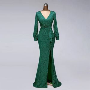 Green Prom Dresses V Neck Koronki Cekinowa Side Split Sexy Suknie Wieczorowe Plus Size Długi Rękaw Suknie Party Party