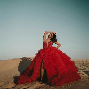 Röd chic aftonklänningar Sexig sida Split Sweetheart Ruffles A Line Prom Klänningar Bling Sequins Crystal Custom Made Formal Party Gown