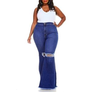 Chic Lady Hole Flare Pants Sexy Jeans a vita alta con fondo a zampa di jeans Large Size Solid Vintage Stretch Slim Pantaloni a gamba larga 6XL 201223