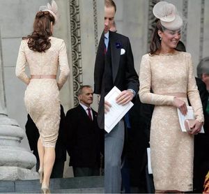 Zarif Kate Middleton Kısa Şampanya Tam Dantel Gelinlik Kılıf Diz Boyu Uzun Kollu Ünlü Kokteyl Örgün Abiye giyim 2021