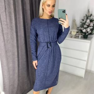 Mulheres Casual Sashes Cor Sólida Vestido de Moda Manga Longa O-pescoço Slim Mulheres Elegantes Vestido Outono Ol Clássico Vintage Party Dress Y0118