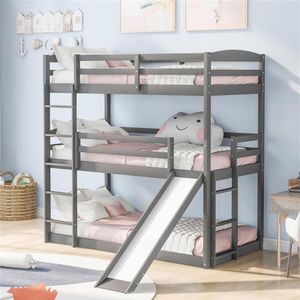 Wholesale twins furniture resale online - US Stock Twin Over Bedroom Furniture Twins Adjustable Triple Bunk Bed with Ladder and Slide White a17 a55