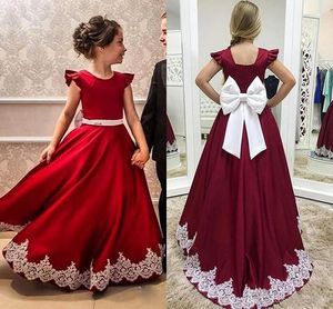 Borgonha cetim Flower Girl Dresses para o casamento Partido Pageant Meninas 2021 Christams aniversário Vestido Lace Appliqued Bow Wear AL7540 Formal