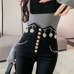 Frühling Herbst Winter neues Design Damen hohe Taille Luxus Perlen einreihig figurbetonte Tunika plus samt warme Bleistift lange Hosen Hose MLXLXXL3XL