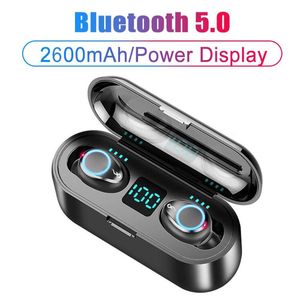 새로운 F9 진정한 무선 헤드폰 TWS 블루투스 5.0 이어폰 2600mAh 충전 케이스 듀얼 마이크 LED 디스플레이가있는 8D 스테레오 헤드셋