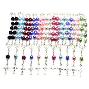 Classic Pearl Rosary Cross Bracelet for Women Men Jewelry 8MM Prayer Beads Bangle Catholic Religious Bracelets Wedding Gift
