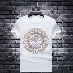 Men's T-Shirts 2022 New Men's Short Sleeve Tees Hot Rhinestone Large Cotton Elastic Loose Fashion Luxurious Casual T-shirt Mens Clothing Black White S-5XL