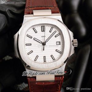 40mm 5711 CAL A324 Automatic Mens Watch Steel Case White Textured Dial Silver Stick Markers Brown Leather Strap Watches 2022 Puretime G20c3
