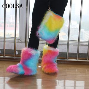 Inverno Mulheres Fur Botas pêlo macio neve Botas para mulheres Faux Fur Botim Furry Plush Sapato Raso Heel Bota Bag Lady Headband Set 201021