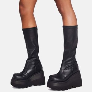 Helt ny Stor Storlek 43 Shoelaces Wedge High Heels Platform Tide Trendy Cool Höst Vinter Mid-Calf Boots Skor Kvinnor Skorpanna 201020