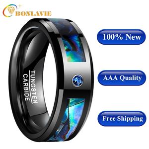 Uomo Donna Wedding Band Ring Black Tungsten Abalone Shell Steel con Blue CZ Stone Finger Jewelry Qualità AAA 220207