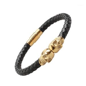 Cuff Braided Leather Band Bracelet Men Gothic Punk Skull In Solid Titanium Stainless Steel Dia 8mm Gold/Rose/Silver/Black Color1