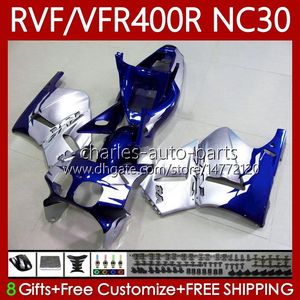 Bodys لهوندا RVF400R N30 V4 VFR400 R VFR400R 89-93 79NO.11 RVF VFR 400 RVF400 R 400RR 1989 1990 1991 1992 1993 VFR400RR VFR 400R 89 90 91 92 93 Fairing Kit Silvery الأزرق