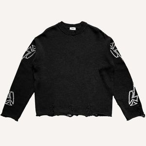 Men's Sweaters V10 hand damaged torn round neck tide brand loose fashion casual men's and women's ins sweater