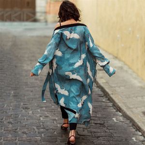 Lago azul estilo chinês lado lado split longo quimono cardigan algodão túnica mulheres plus size beachwear roupas tops blusa lj200811