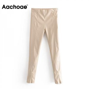 AACHOAE Kadınlar Şık PU Faux Deri Streç Pantolon Katı Yüksek Bel Bayanlar Kalem Pantolon Tam Boy Streetwear Dipleri 201031