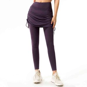 Tayt Kadın Yoga Pantolon Karın Kontrol Spor Salonu Tayt Yüksek Bel Legging 2 1 Etek Tozluk İpli Leggins Push Up Sportwear H1221