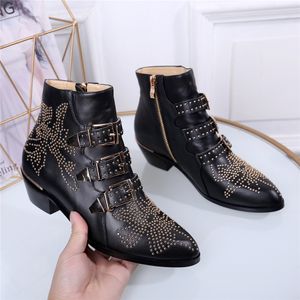 2021 Square Toe High Heels Stövlar Kvinnors Fashion Black Real Leather Brand Designer Combat With Pearls