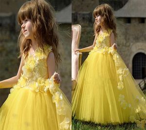 Желтые кружевные вершины ручной работы цветы украшенные цветами платья девушек 2021 мягкий тюль формальные дети партии платья милая принцесса
