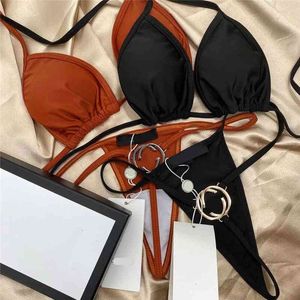 Trendy Metal Catena Bikini Set Solid Color Letter Swimwears Summer Beachwear con tags per regalo da donna