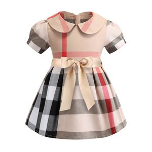 Baby Girls Dress Spring Fall Kids Plaid Short Sleeve Dresses Turn-Down Collar Girl Skirts Children Clothing